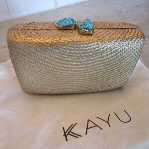 KAYU Jen Clutch: Woven Straw Gold & Turquoise Clasp EUC